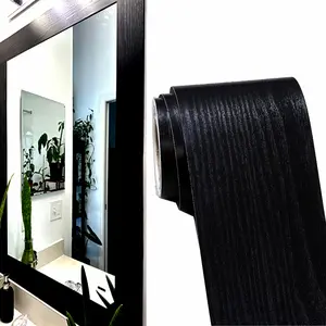 Black Border Peel & Stick Wallpaper Border Removable Waterproof 32FT Black Wood Grain Bathroom Mirror Frame Sticker 3.93Inch X 32.8Ft