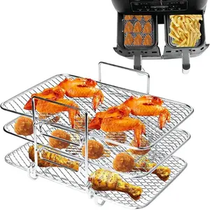 1 Count Rack Air Fryer, Multifunctional Air Fryer Dehydrate Rack Stackable, Grid Tier 3 Pan Grill Steel Stainless for Cookers Press, Ovens, Fryers Air, For Dual-Basket Air Fryers, Compatible With Ninja DZ201 DZ401 PowerXL, Air Fryer Accessories Kitchen