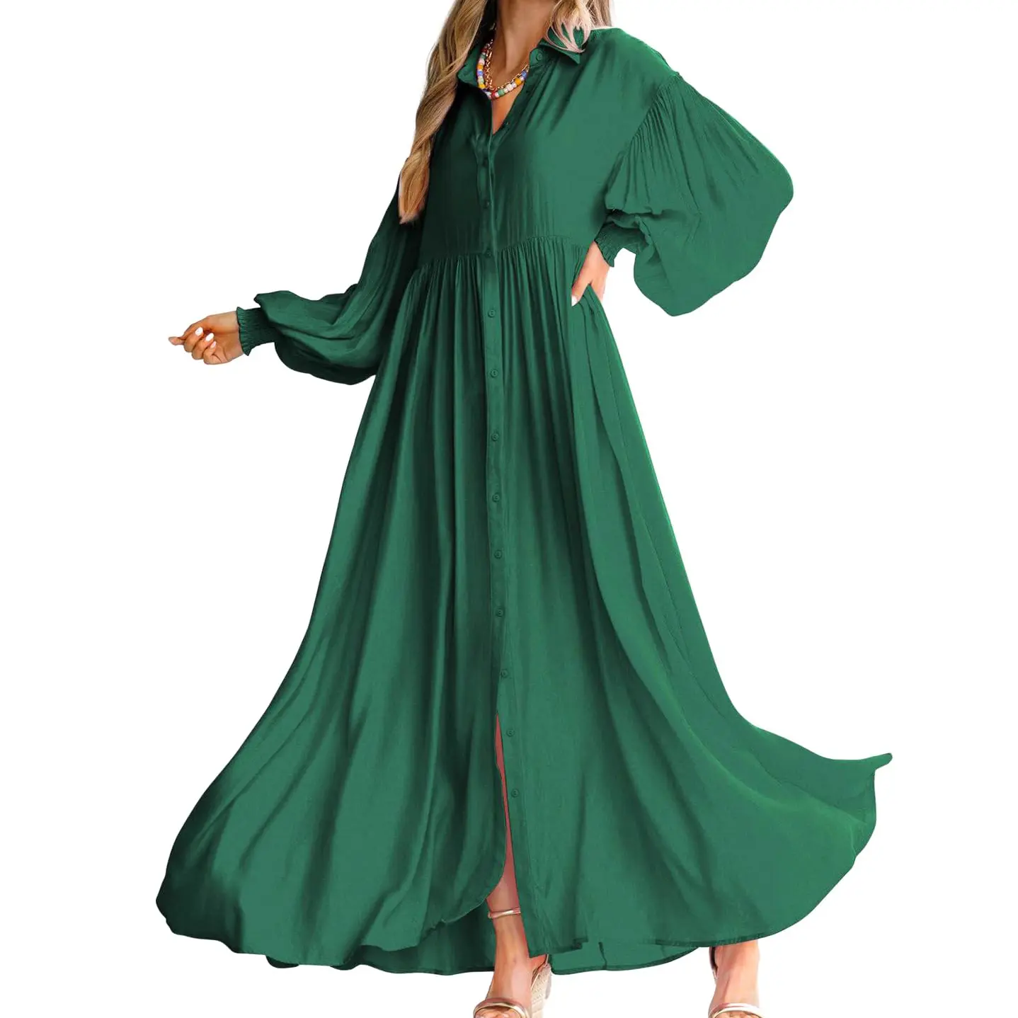 Chouyatou Women's Collared Casual Long Sleeve Button-Down Lantern Pleated Elastic Waist Lightweight Beach Rose Flowy Swing Maxi Dress, Minimalist