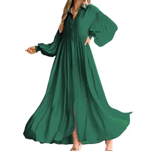 Chouyatou Women's Casual Long Sleeve Button Down Shirt Dress Elegant Pleated Flowy Swing Maxi Dress Summer Womenswear Black Collared