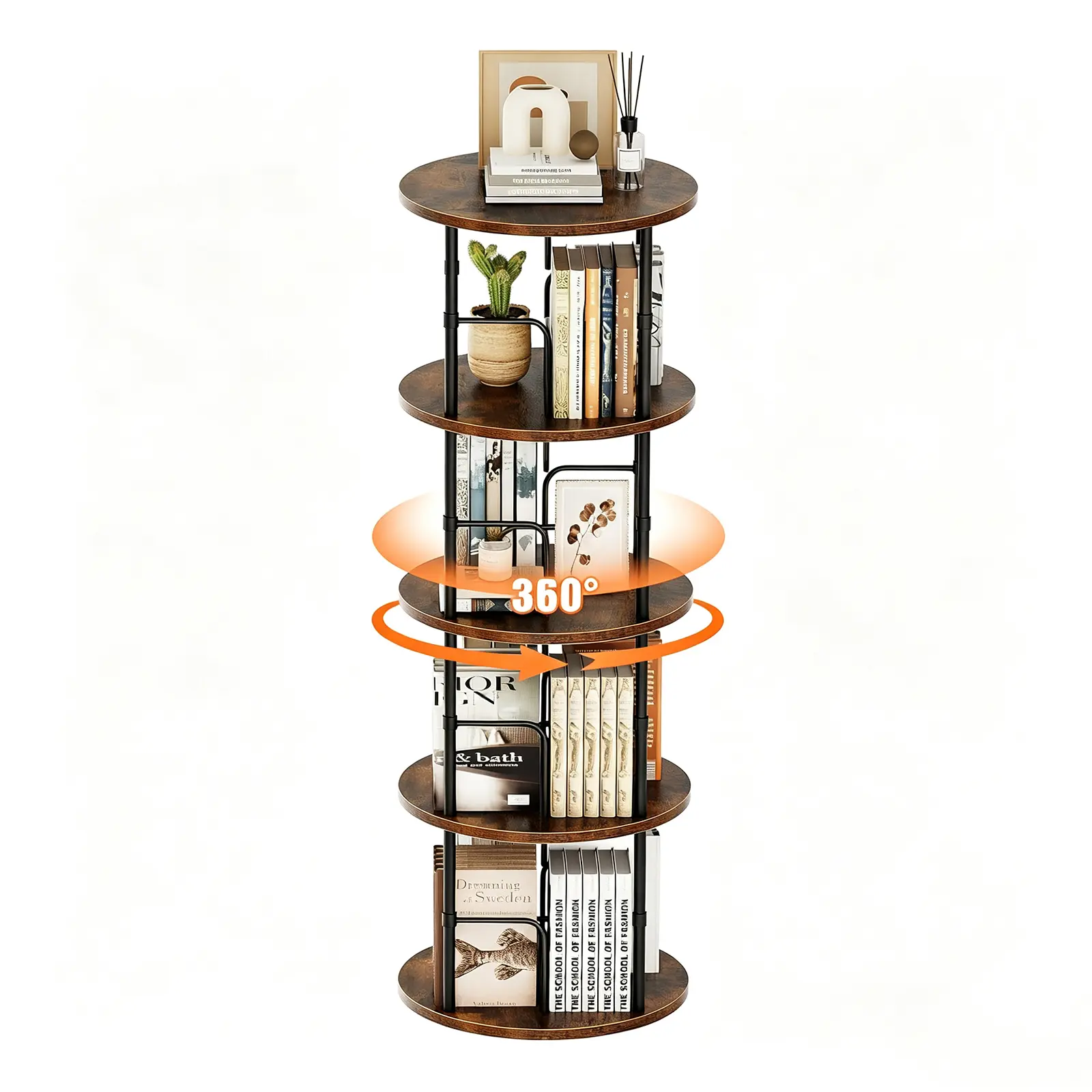 Rotating Bookshelf, 360 ° Display Stackable Spinning Bookshelf Tower, Narrow Space Saving Tall Floor Standing Swivel Bookcase Corner Storage Organizer for Bedroom, Living Room, Gold