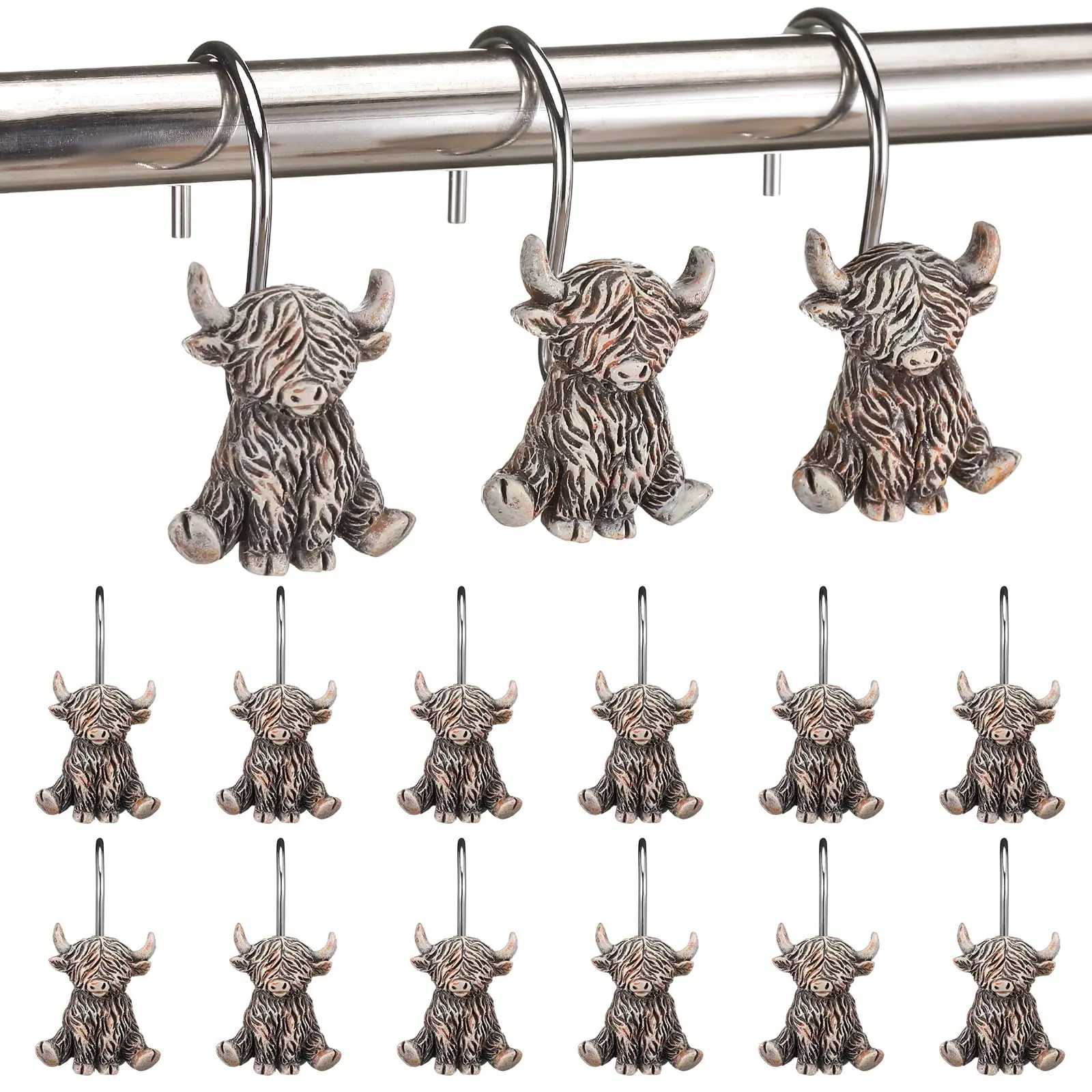 12Pcs Highland Cow Shower Curtain Hooks, Halloween Farmhouse Western Bathroom Decor, Rustproof Stainless Steel Rings, Smooth Glide Bath Curtain Hangers for Rustic Home, Apartment, Guest Bath, Cute Cow Lover Gift