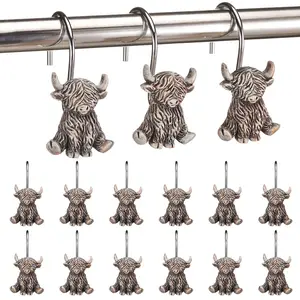 12Pcs Highland Cow Shower Curtain Hooks Cute Farmhouse Bathroom Decor Smooth Glide Rustproof Rings Aesthetic Rustic Bath Accessories Small Home Upgrade Gift for Mom Women Mother’s Day Surprise