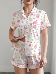 Women's Spring Summer Sleepwear Set, Turtle Print Ocean Theme, Comfortable Button-Down Shirt & Elastic Shorts, Casual Home Wear