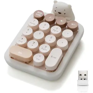 Cute  Numeric Keypad with  Bear, Colorful Round Keycaps, 2.4G USB  Connection, Portable Financial Accounting Numpad Number Keyboard, Suitable for PC, Laptop (MilkTea)