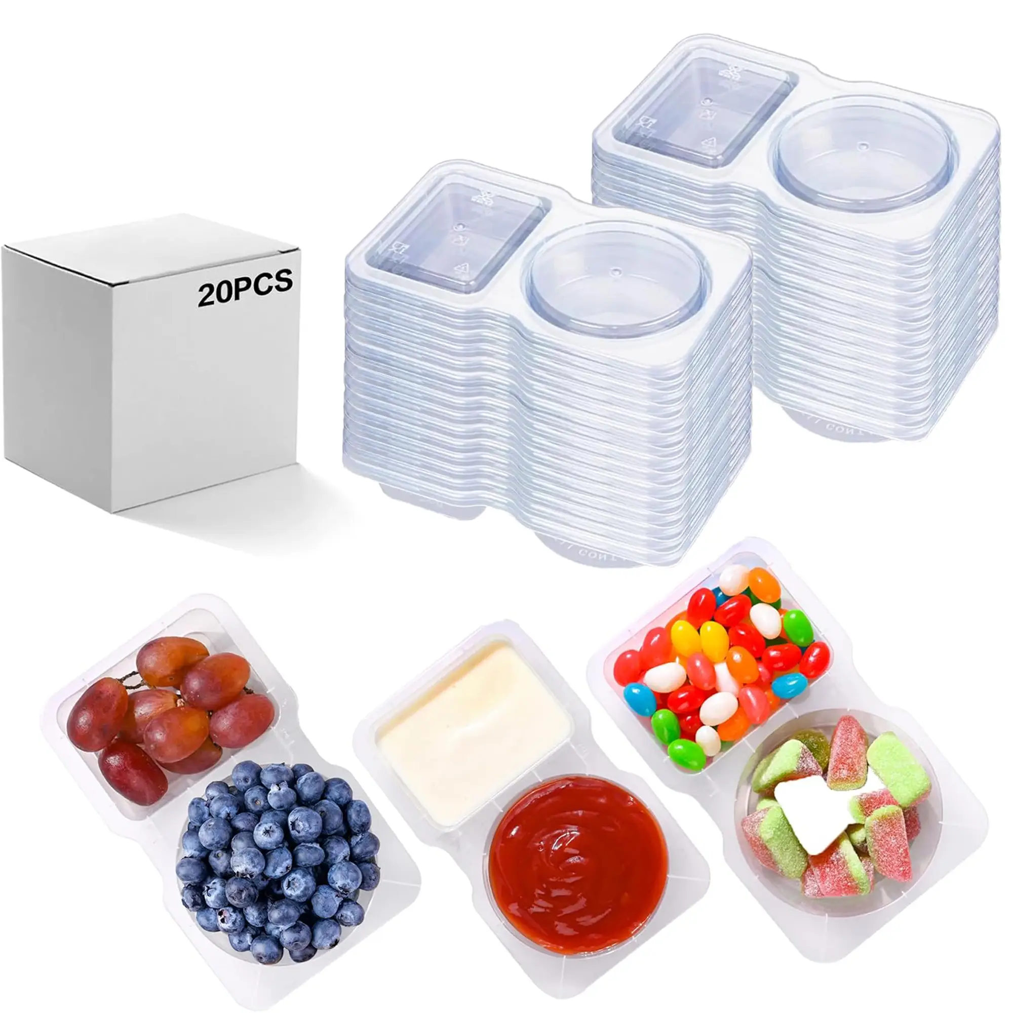 20PCS Snack Containers,2 Compartments With Lids Snack Pack Container,For Take-out Condiments,Reusable, Microwaveable, Durable BPA -Free, Freezer and D