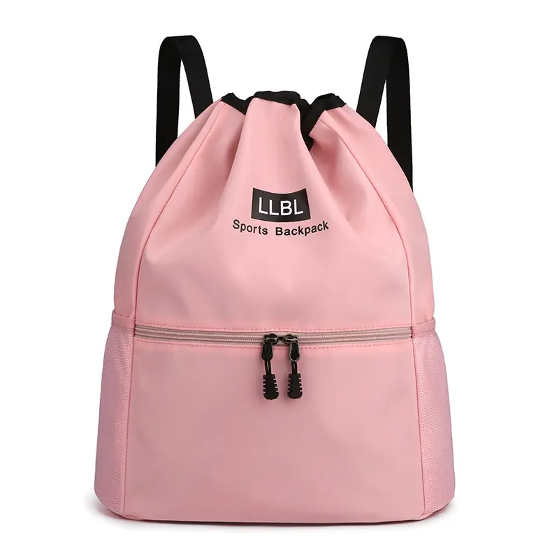 Drawstring Sports Backpack with Front Zipper Pocket, Lightweight Water Resistant Nylon Gym Sack Bag for Women Men, Portable Drawstring Daypack for Travel Swimming Hiking, Multi Solid Color Options Pink Navy Black