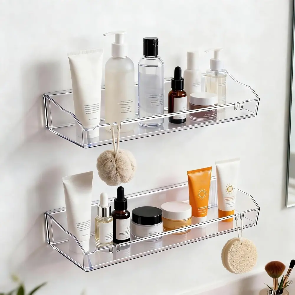 Clear Floating Shelves, Acrylic Shelves for Bathroom Organizers and Storage, Bathroom Shelf with Adhesive Shelf or Screws, Wall Mount Organizer for Shower Caddy,Room Decor, Kitchen, Living Room