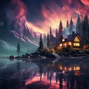DIY Aurora Borealis & Riverside Cottage Diamond Painting Kit - Full Round Acrylic Mosaic Cross Stitch Embroidery Design, Serene Landscape with Cabin & Lake Reflection for Tranquil Home or Office Decor, New Diamond Painting Kits