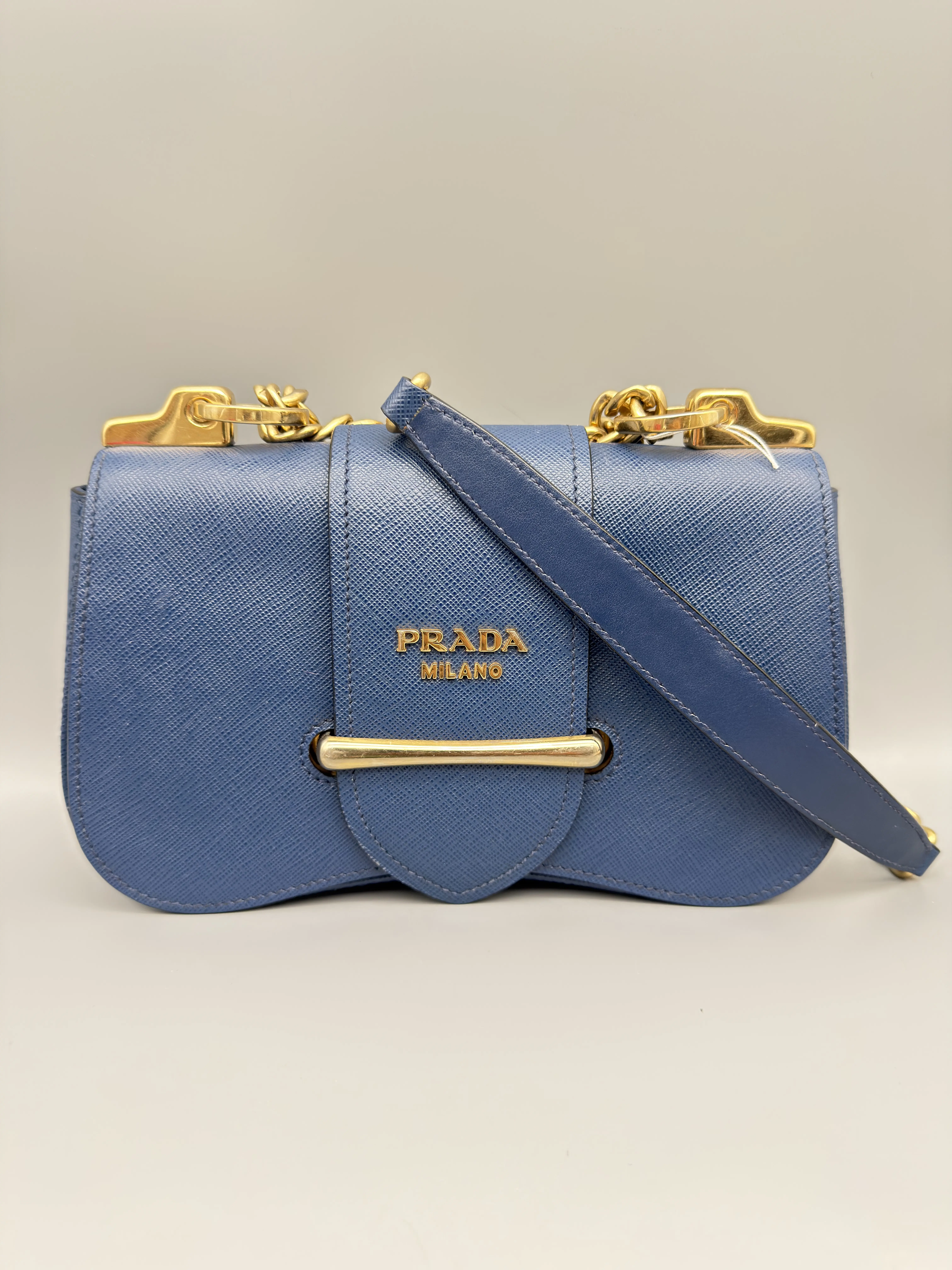 Pre-owned PRADA Saffiano Leather Crossbody Bags Sidonie Shoulder Bag | Blue | Gold Hardware | Excellent Condition
