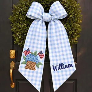 Monogrammed Patriotic Door Bow Custom Name Embroidered Blue Hydrangea Basket American Flag Wreath Sash Summer Home Decor Independence Day