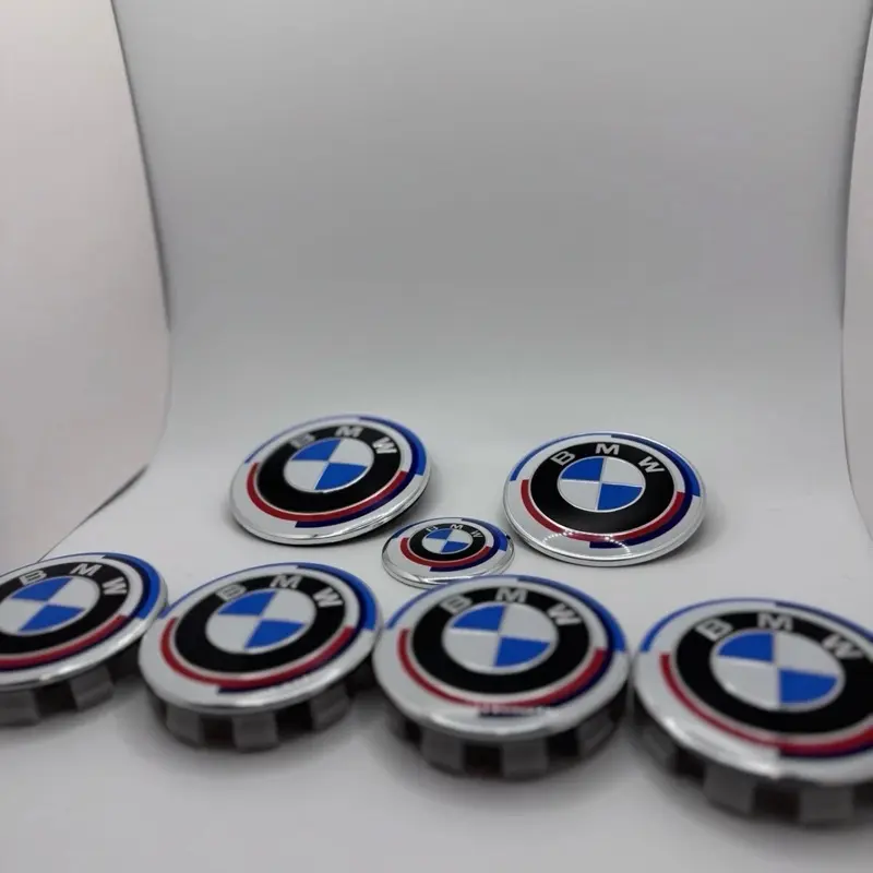 Wheel Center Cap Set –  Red Roundel Emblems (68mm & 56mm wheel caps , 74mm trunk logo, 82mm hood logo )