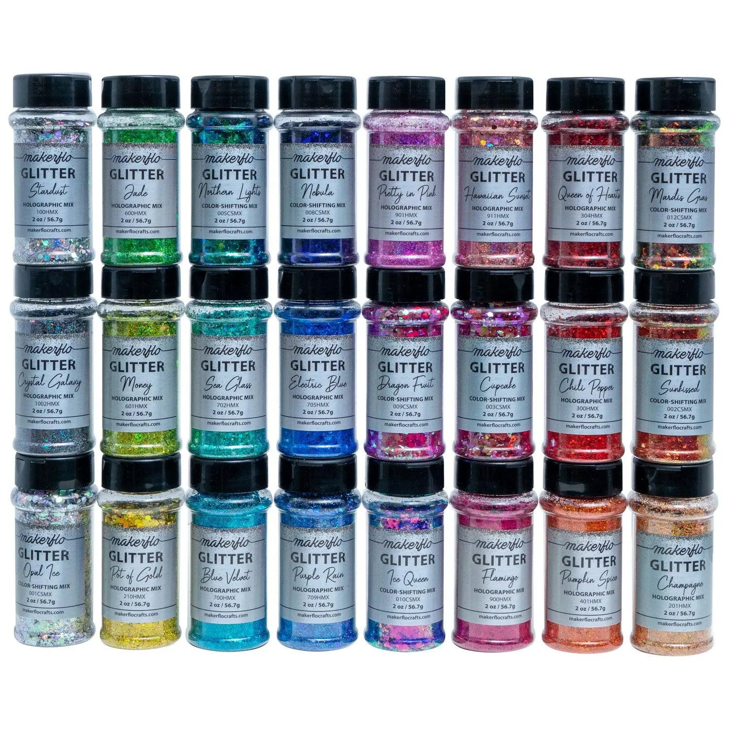 Makerflo Holographic Chunky Mix Glitter Variety Set. Iridescent Glitter for Resin Arts and Crafts, DIY Tumblers, Body Nail, Glitter for Any Crafts and Personalization - Set of 24/2 oz Each