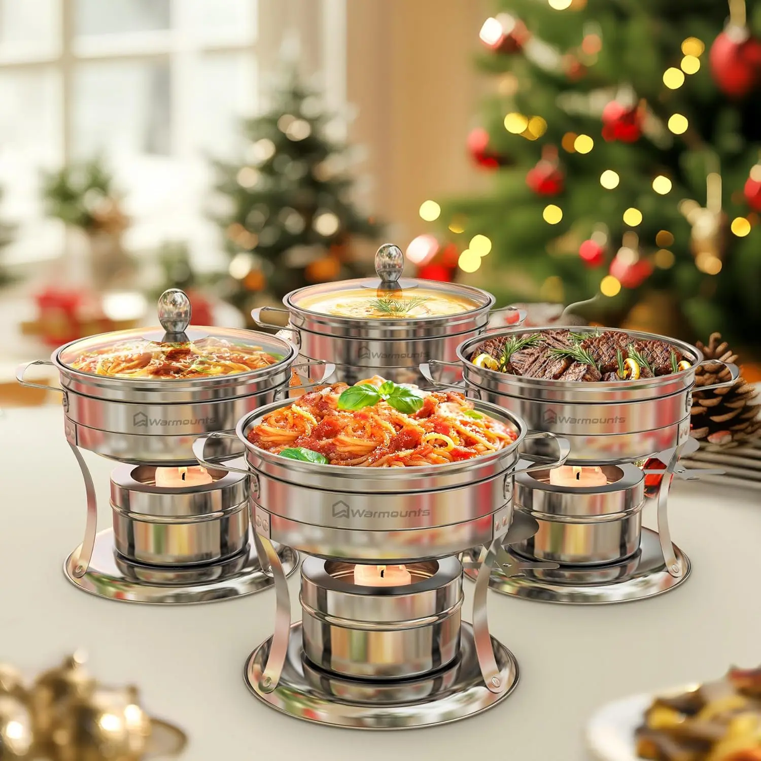 WARMOUNTS 4-Piece 1QT Round Stainless Steel Small Casserole Dishes, See-Through Glass Lids, Food-Grade Dinnerware with Smooth Rolled Rims, Dishwasher Safe for Kitchen Romantic Serving, Effortless Cleanup