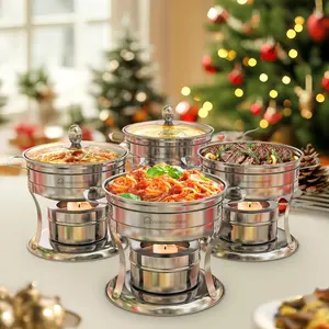 WARMOUNTS 1QT Mini Chafing Dishes with Glass Lids (4-Pack) – Individual Round Buffet Warmers, Food-Grade Stainless Steel, Rolled Rims, Dishwasher Safe, for Shabu Hot Pot, Parties & Romantic Dinners