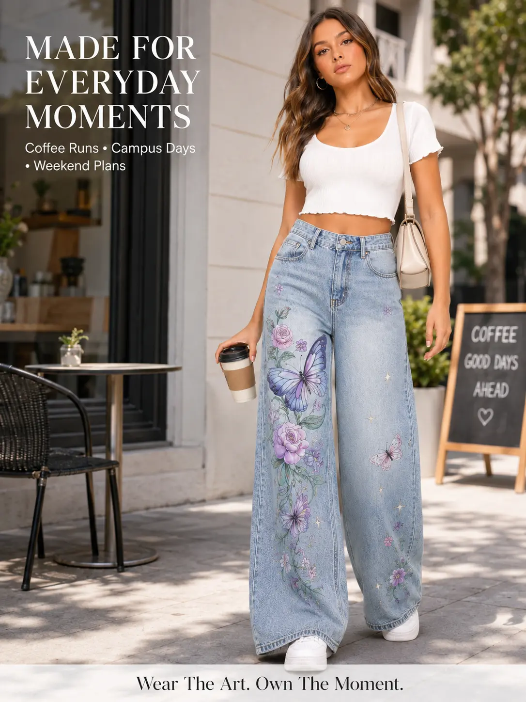 Women's High Waisted Wide Leg Jeans, Butterfly Floral Graphic Print Cotton Blend Denim Pants, Slight Stretch Baggy Y2K Streetwear, Light and Dark Wash, Full Length Casual All-Season Jeans S-XL Womenswear Bottom Loose Oversize