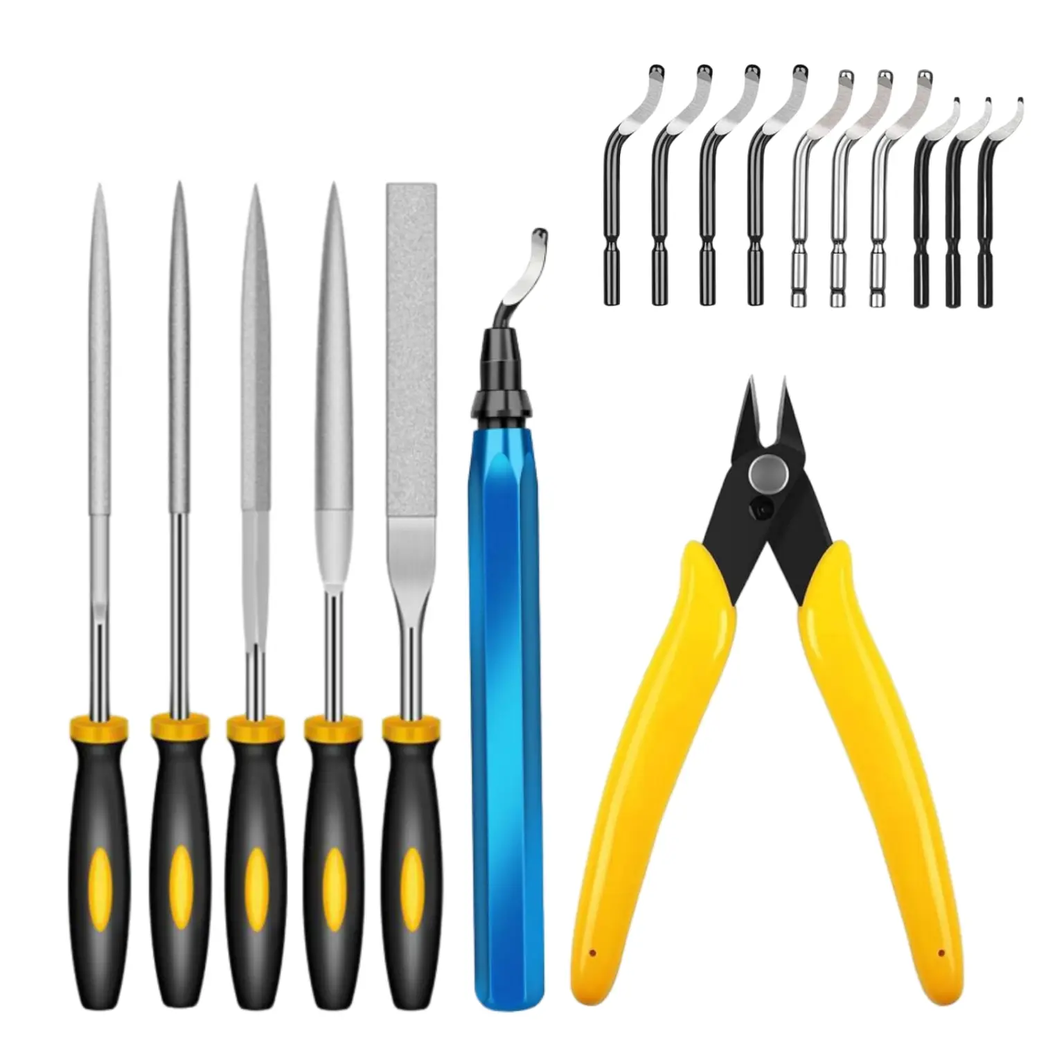 5.5in High-Speed Steel 3D Printing Deburring Tool Set - 1 Set, Anti-Rust Handle, 360° Rotating Head, 10 Multi-Use Blades, 5 Needle Files, 1 Micro Flush Cut Pliers/Wire Cutter, Pipe Reamer for 3D Prints, Plastic/Metal Projects