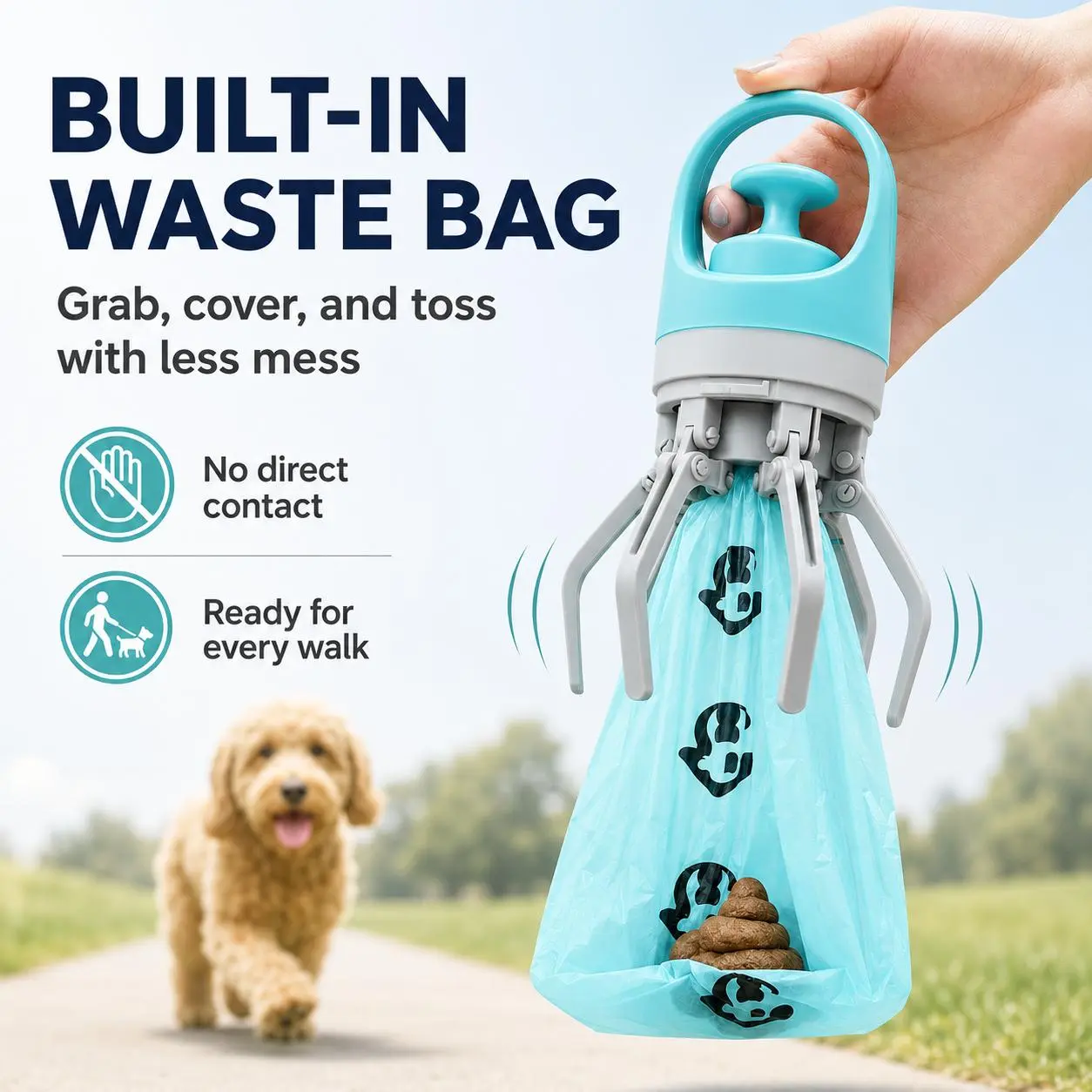 Portable Pet Poop Scooper - Compact Functional Tool with Built-in Waste Bag, 6 Plastic Claws for Outdoor Dog Waste Pickup Walks