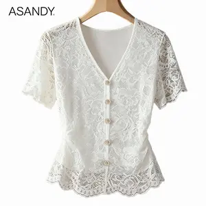 ASANDY Women's Floral Lace Blouse, Chic V-Neck Peplum Top with Short Sleeves, Lined Shirts for Women for Casual Office Wear