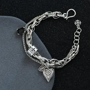 2026 New Unisex 925 Sterling Silver String Bracelet Vintage Heart Cross Pendant Trendy Party Daily Jewelry Gift TikTokShop