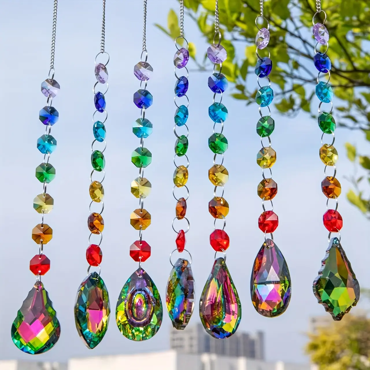 7-Piece Colorful Crystal Sun Catcher Set, Handmade Prism Pendants, Hooks for Windows, Garden, Christmas & Wedding Decorations, Outdoor Wind Chimes, Garden Accessories