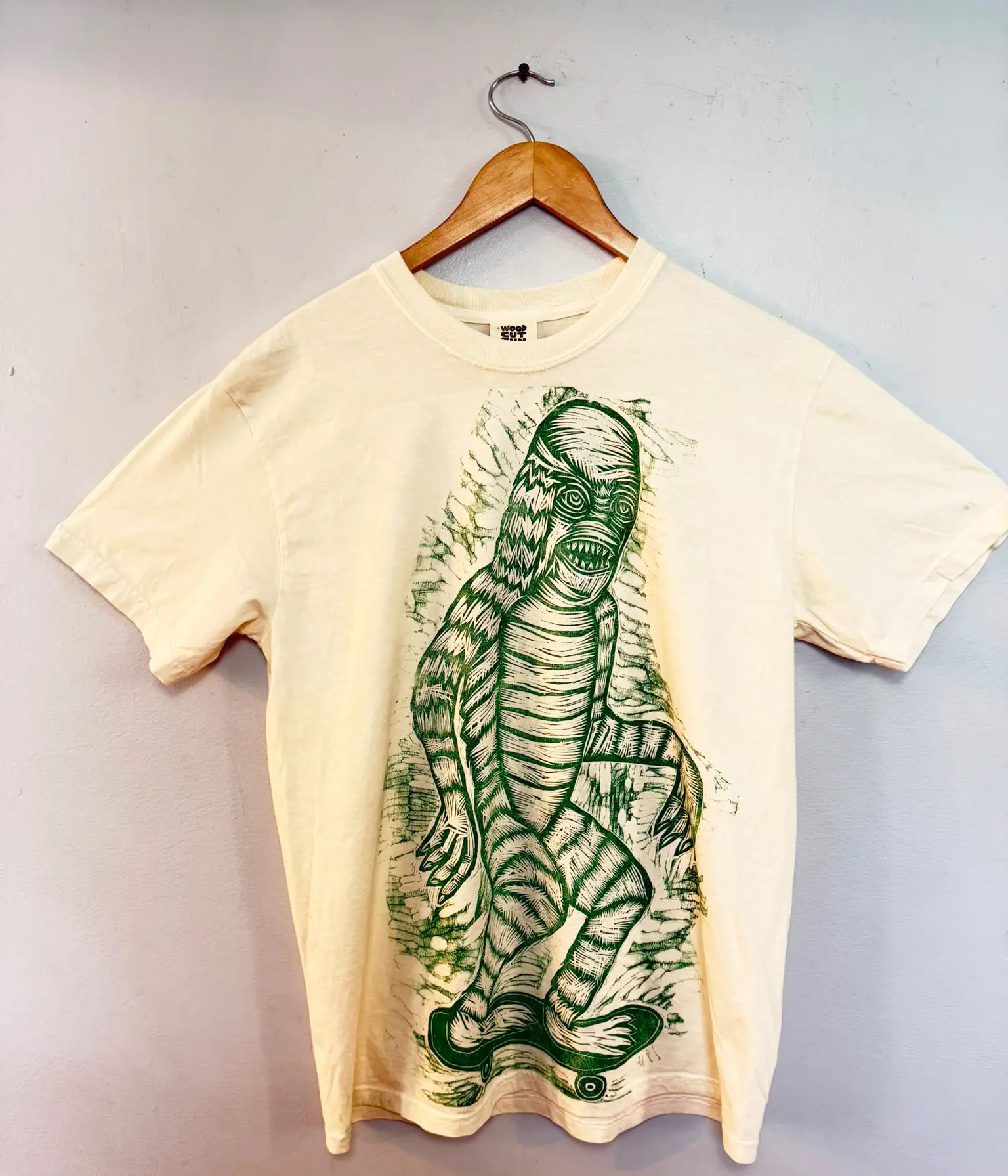 Giant Creature Handprinted Woodcut T-Shirt Menswear Cotton Top Streetwear Casual Crewneck Green Ink Oil-Based Relief Ink Long-Lasting Machine Washable Cream 100% Cotton Comfort Colors - Fabric, Graphics