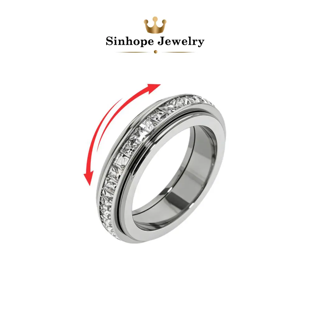 Spinner Ring for Women Men, Elegant CZ Paved Rotating Wedding Band with Sparkling Crystal Stones, Minimalist Polished Fashion Jewelry, Infinity Style Promise Ring, Couple Engagement Ring Gift for Anniversary Birthday Valentine’s Day
