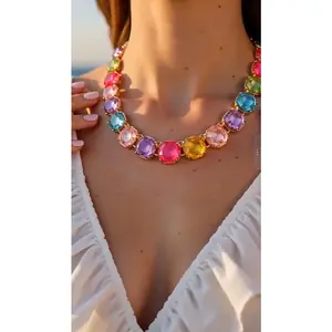Bohemian Multicolored Rainbow Crystal Necklace |     Luxurious Thick Rhinestone Fashion Necklace |     Elegant Wedding Guest Jewelry |     Vibrant Summer Atmosphere Accessory