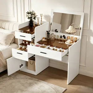 3-in-1 Vanity Desk with Flip Top Mirror, Glass Top Compact Makeup Vanity & Hidden Storage, Vanity Table with 3 Drawers and Cabinet, Space-Saving Dressing Tablefor Bedroom, White