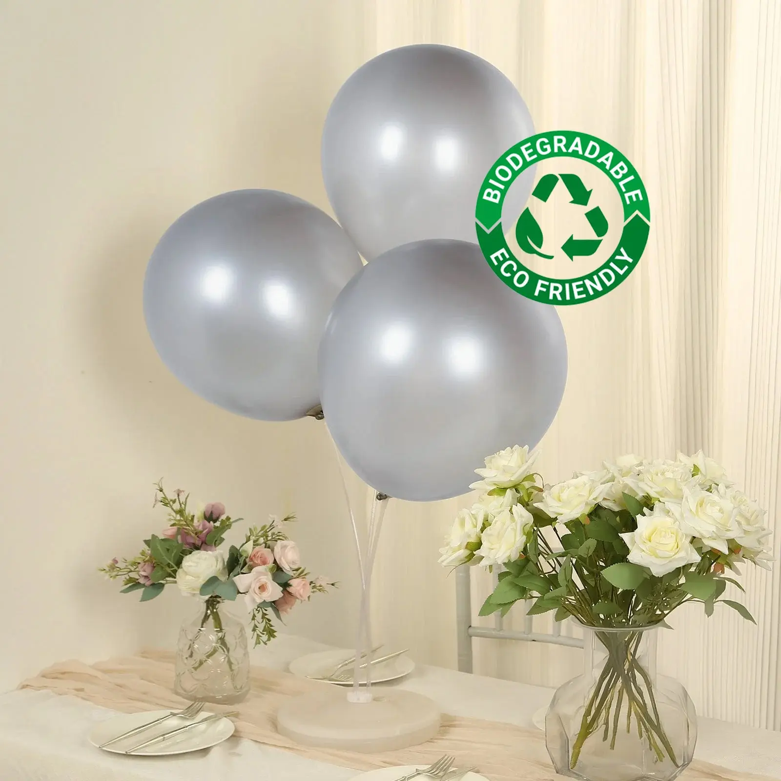 18" Chrome Silver Biodegradable Latex Balloons, 10-Pack Thick Ecofriendly Metallic Party Decorations for Baby Showers, Birthday Parties, Corporate Events