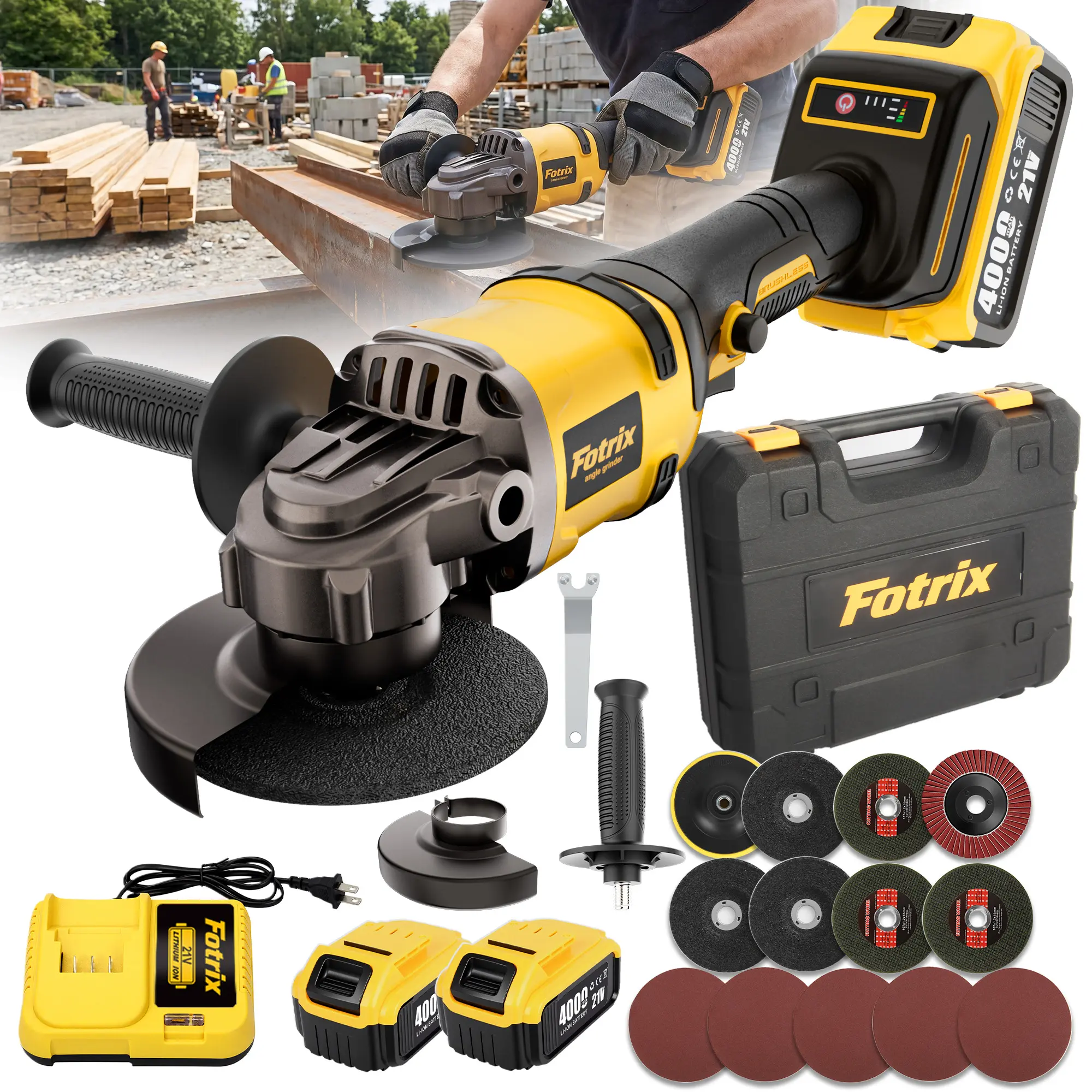 21V Brushless Cordless Angle Grinder Kit - 4-Inch Work Tool with 4.0Ah Battery, 3-Speed Cutter Polisher, Powerful Motor, Derusting Wheel, Metal Cutting Blades, Diamond Wheels for Cutting Tasks (Easily Handles Heavy-Duty Jobs)