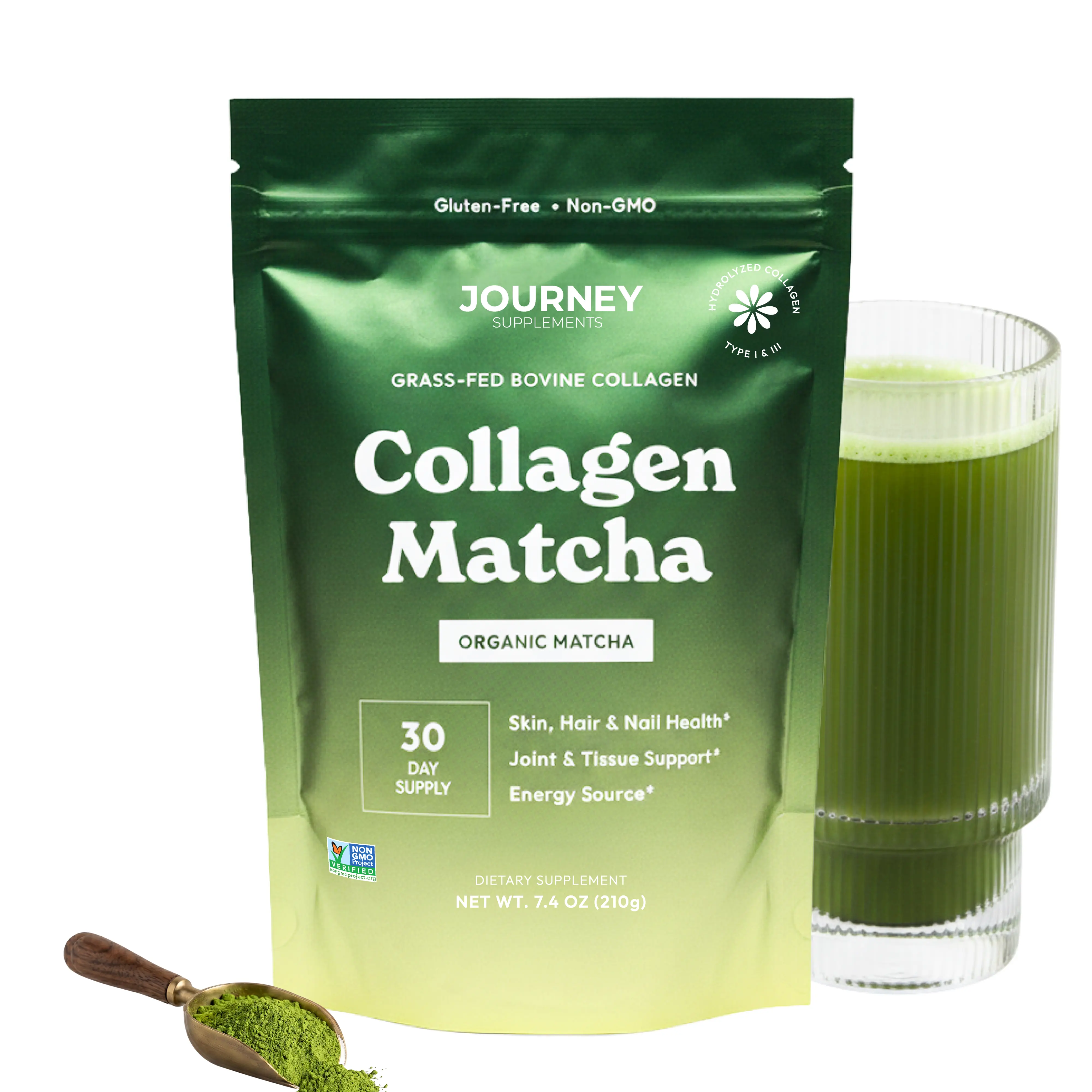 Collagen Matcha Powder – 5 g Hydrolyzed Collagen + Organic Matcha Green Tea – Supports Skin Hair Nails, Joint & Tissue Health, Clean Energy Boost – Gluten Free, No Added Sugar, 30 Servings