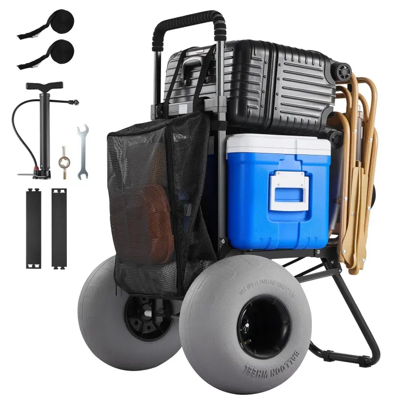 【Summerfinds】VEVOR Heavy Duty Beach Dolly with 12" Balloon Sand Wheels, 18"x15" Cargo Deck, 34"-45" Adjustable Height, 165 lbs Capacity, Folding Steel Frame Cart, Rust Resistant, Space-Saving for Camping, Fishing w/Pump & Inflation Limiter, Outdoor, Foldi