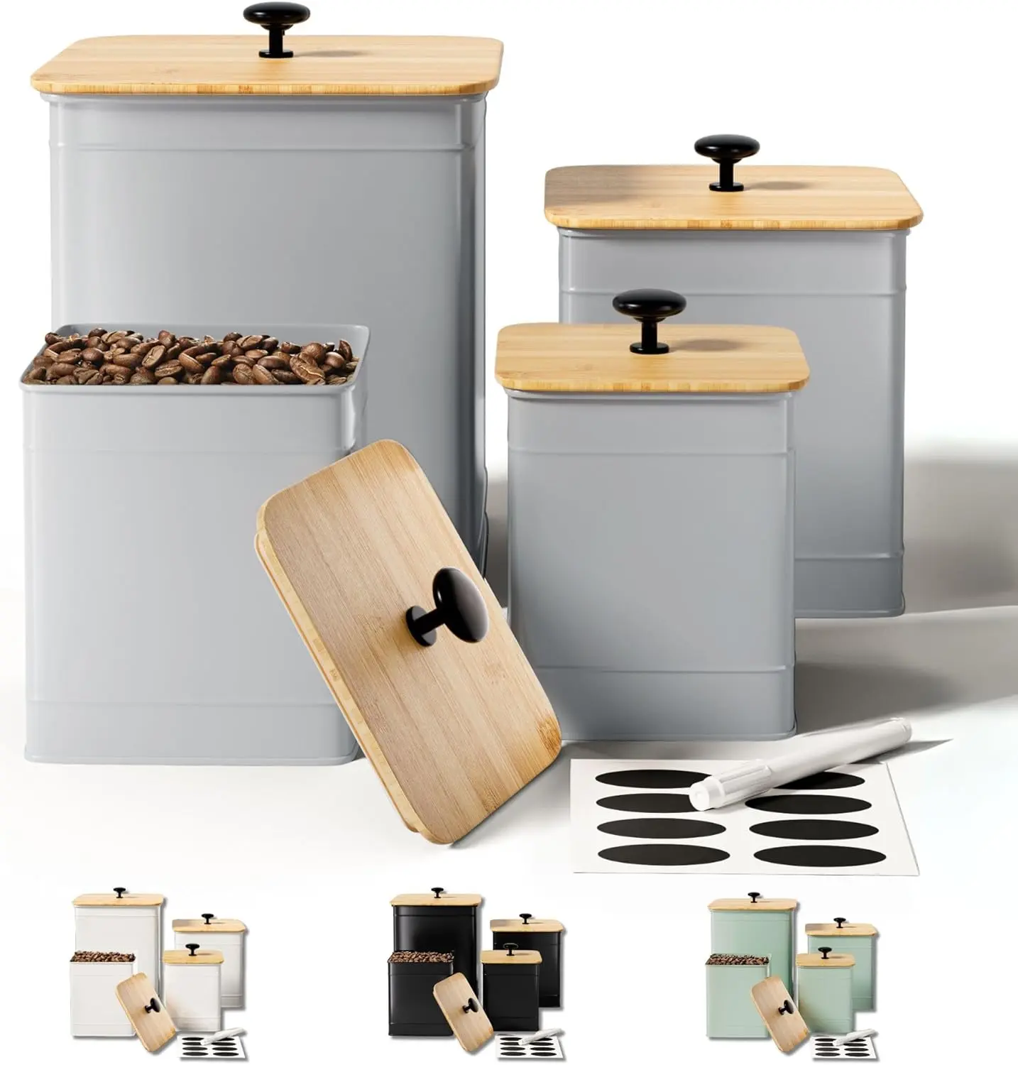 Kitchen Canisters for Countertop Set of 4 with Customizable Chalkboard Labels & Marker Pen - Big Iron Kitchen Canisters with Airtight  - Gray Canister Set - Flour and Sugar Containers Farmhouse
