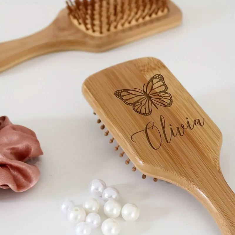 Butterfly Series Customizable Wooden-Bamboo Hair Brush - 24.7*8.5cm Scalp Massage Safety Airbag Comb, Valentine's Day Gift, Adult