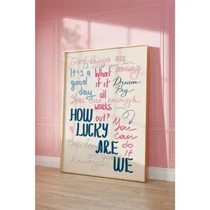 [UNFRAMED POSTER] How Lucky Are We Poster, Navy Blue & Pink Preppy Retro Trendy Aesthetic, Dorm & Bedroom Decor, Motivational Quote Wall Art
