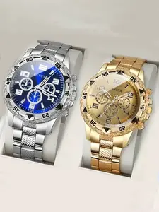 [Men's Quartz Watch] 2-piece Business Men's Watch Set, Fashionable Gold Silver Alloy Strap Men's Watch, Pointer Men's Watch, Christmas and Halloween Casual Dressing Gift, Watch Gift Selection, Men's Watch