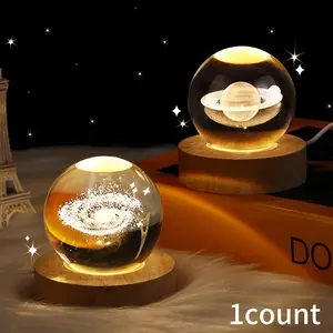 Saturn Galaxy Crystal Ball Decorative Lamp Wooden Base Illuminated Carved Glass Globe for Desktop Bedroom Living Room Home Decoration Holiday Gift