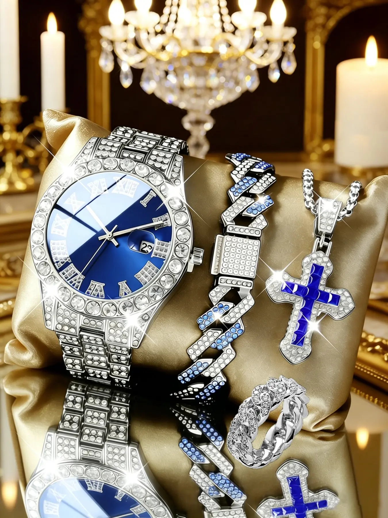 Men's Luxury Rhinestone Quartz Watch Set with Jewelry, Exquisite Watch Set, Fashionable Jewelry Set, Stainless Steel Strap, Fashion Fall Trend, Perfect Gift for Men and Women