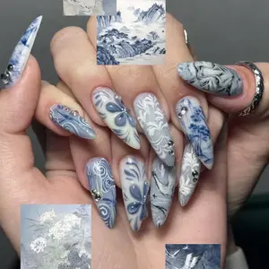 Press On False Nails, Hand-Painted Eastern Porcelain Tiger Design, Blue White Freestyle Art Set for Nail Art Decoration