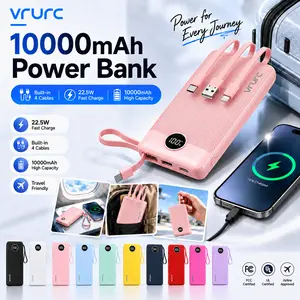 VRURC T17 10000mAh 22.5W Fast Charging Power Bank, 4 Built-in Cables, 5 Output & 3 Input USB-C Battery Pack with Lanyard for Samsung Galaxy - Pink