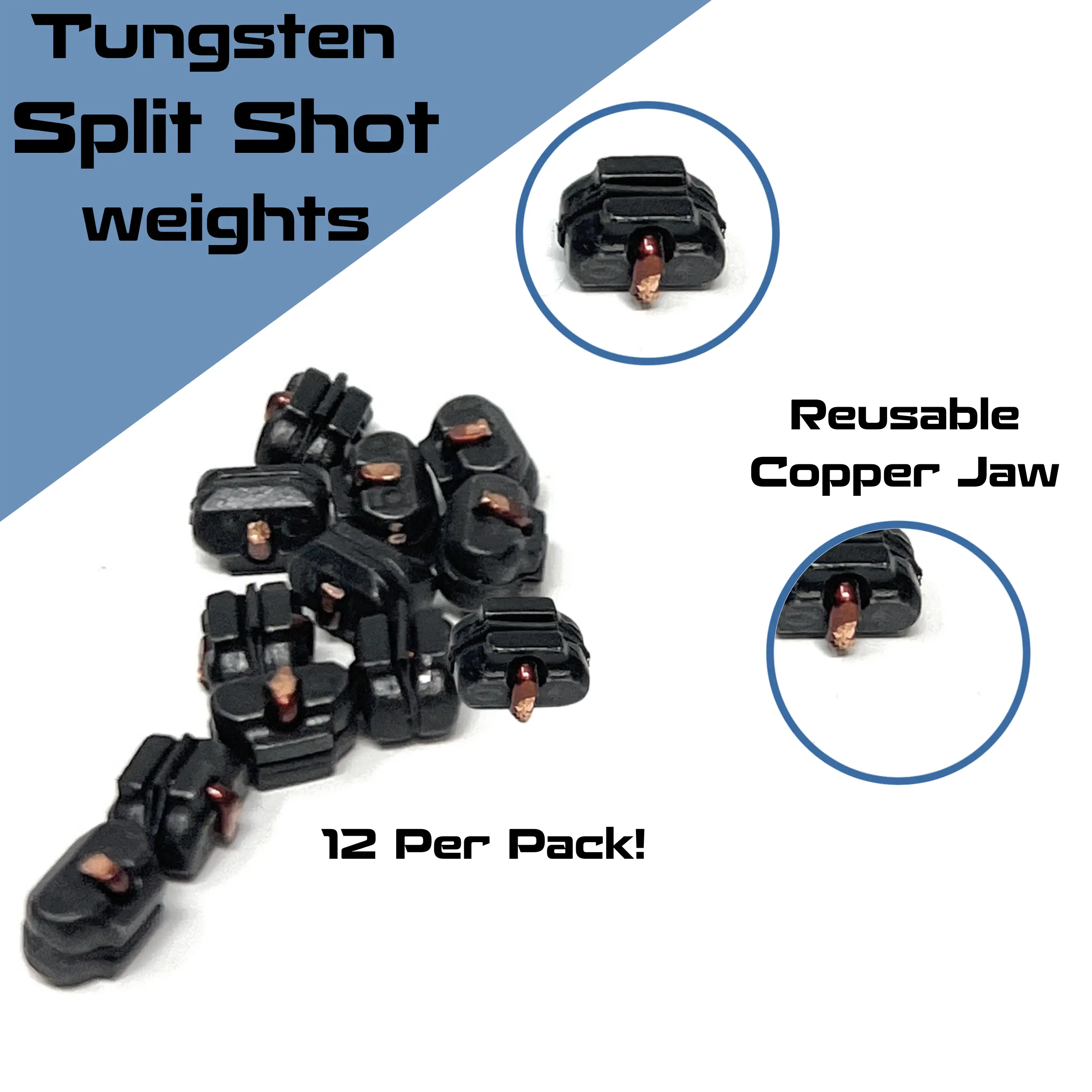 Tungsten Split Shot Weights for Bass & Pan Fishing, Lead-Free Black Sinkers with Reusable Copper Jaw, 12 Pack, Bass Fishing Weights, Black Tungsten Weights