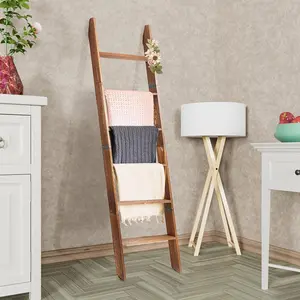 Decorative 5 ft 8 in pine wood 6-tier wall-leaning blanket ladder, farmhouse rack for living room bedroom home decor display (brown)