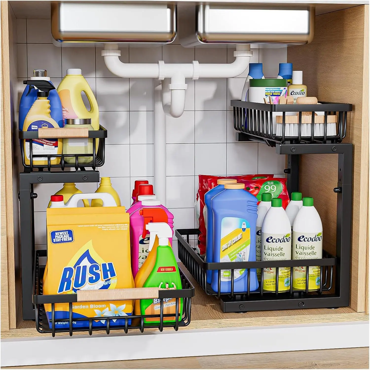 2 Pack Under Sink Organizer, 2-Tier Pull Out Cabinet Organizer, Height Adjustable Under Kitchen Sink Storage, Rustproof Carbon Steel Sliding Basket for Bathroom & Kitchen Cabinet