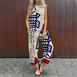 Artistic fish print two piece set, Sleeveless two-piece set, Doodle fish pattern, Cozy women's blouse, Pop style, Seaside vacation style, Street style, Chic, Fashion, Casual