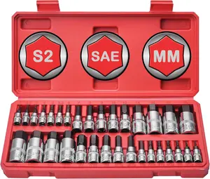 Master Hex Bit Socket Set 32-, Allen Socket Set, 1/4'', 3/8& 1/2'' Hex Drive Sockets, SAE & Metric, S2 Alloy Steel Combine with Cr-V, 5/64 to 3/4, 2mm to 19mm