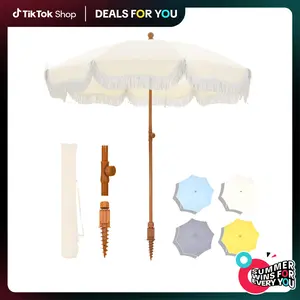 PHIVILLA 7ft Patio Beach Umbrella with Fringe, UPF 50+ Canopy, 8 High Wind Proof Fiberglass Ribs, Fully Assembled, Carry Bag Available Outdoor Aesthetic Round,DealsForYouDays