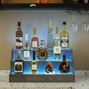 24-Inch Modern LED Lighted Liquor Bottle Display Shelf, Customizable DIY Illuminated Freestanding Shelf with App & Remote Control, 3-Step Bottle Holder with Lighting Effects for Home Bar, Party, Grey