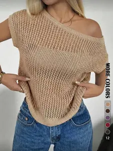 Women's Summer Ice Silk Hollow Out Fashion Casual Asymmetrical Shoulder Short Sleeve Pullover Top, Sexy Beach Vacation Knit Sweater