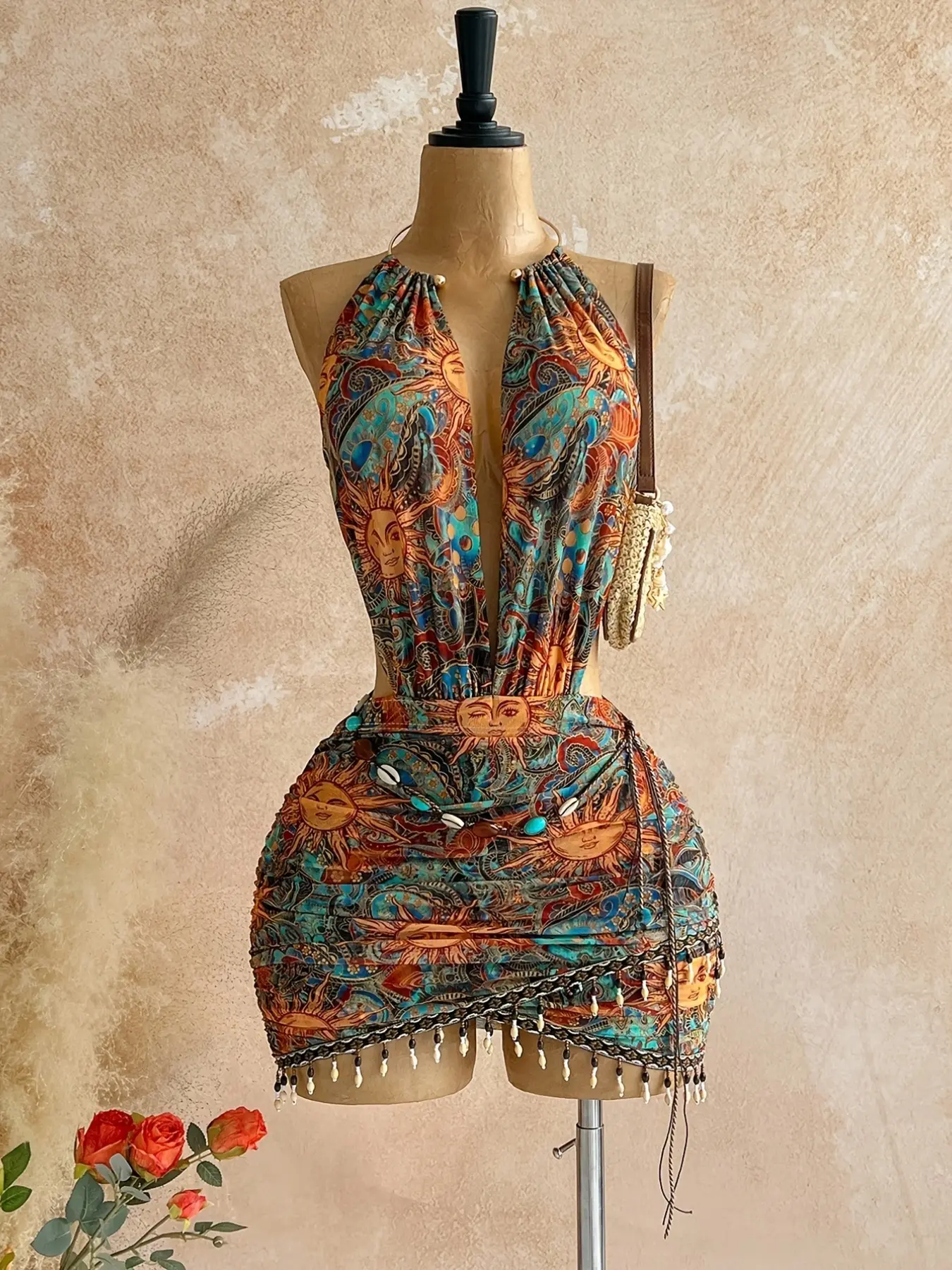 Women's Chic Fashion Boho Bohemian Ethnic Print Halter Backless Dress, Tie Back Adjustable Dress, Elegant Formal Party Wear, Summer Clothes